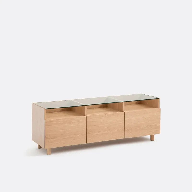 Modern Oak & Glass TV Stand Unit | 140cm Wide | 3 Doors | Cable Holes - Kwikley