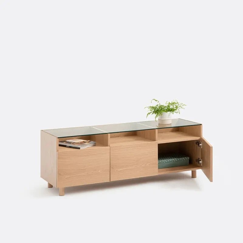 Modern Oak & Glass TV Stand Unit | 140cm Wide | 3 Doors | Cable Holes - Kwikley