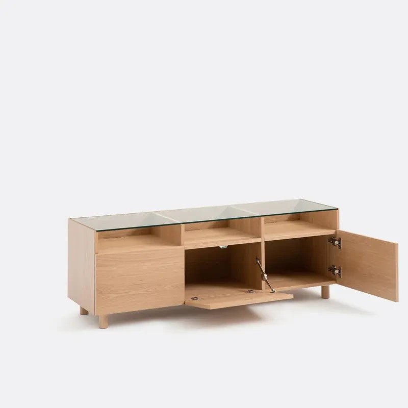 Modern Oak & Glass TV Stand Unit | 140cm Wide | 3 Doors | Cable Holes - Kwikley