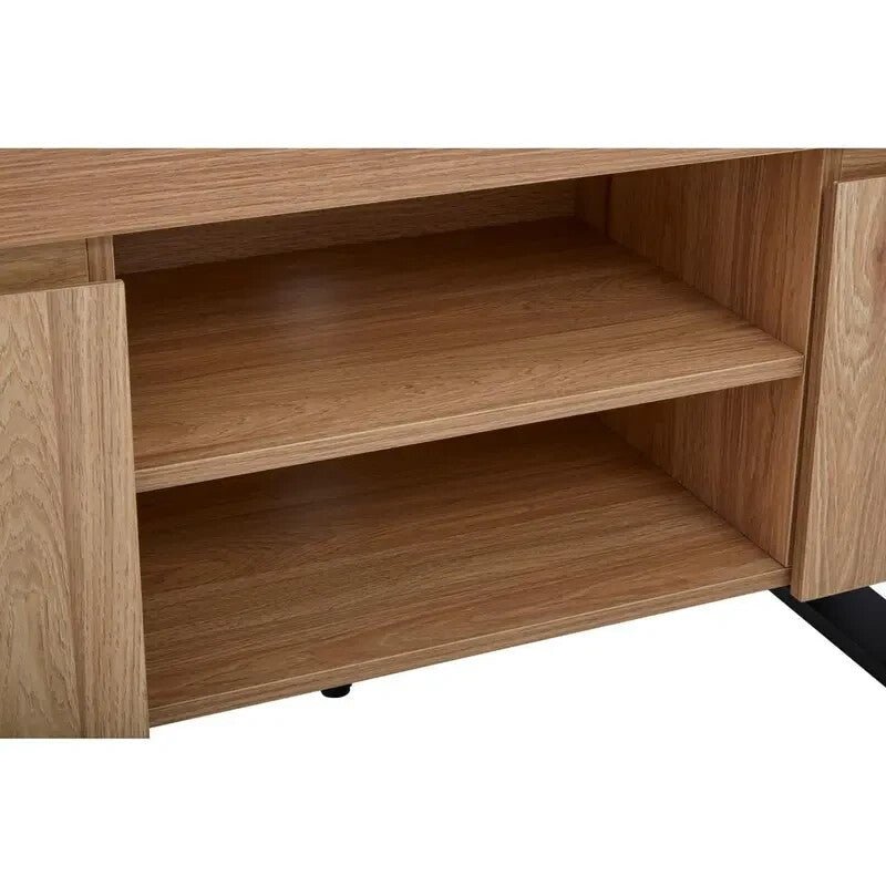 Modern Oak TV Stand Cabinet with Storage Shelves & Black Metal Legs - Kwikley
