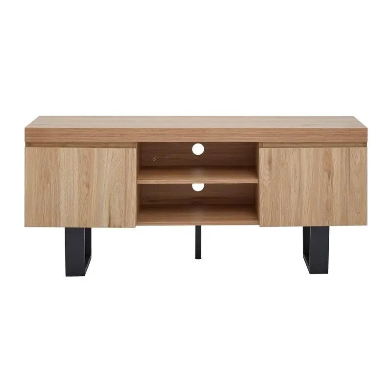Modern Oak TV Stand Cabinet with Storage Shelves & Black Metal Legs - Kwikley