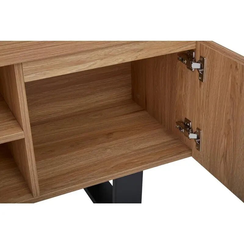 Modern Oak TV Stand Cabinet with Storage Shelves & Black Metal Legs - Kwikley
