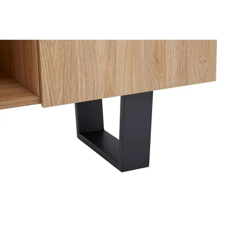 Modern Oak TV Stand Cabinet with Storage Shelves & Black Metal Legs - Kwikley