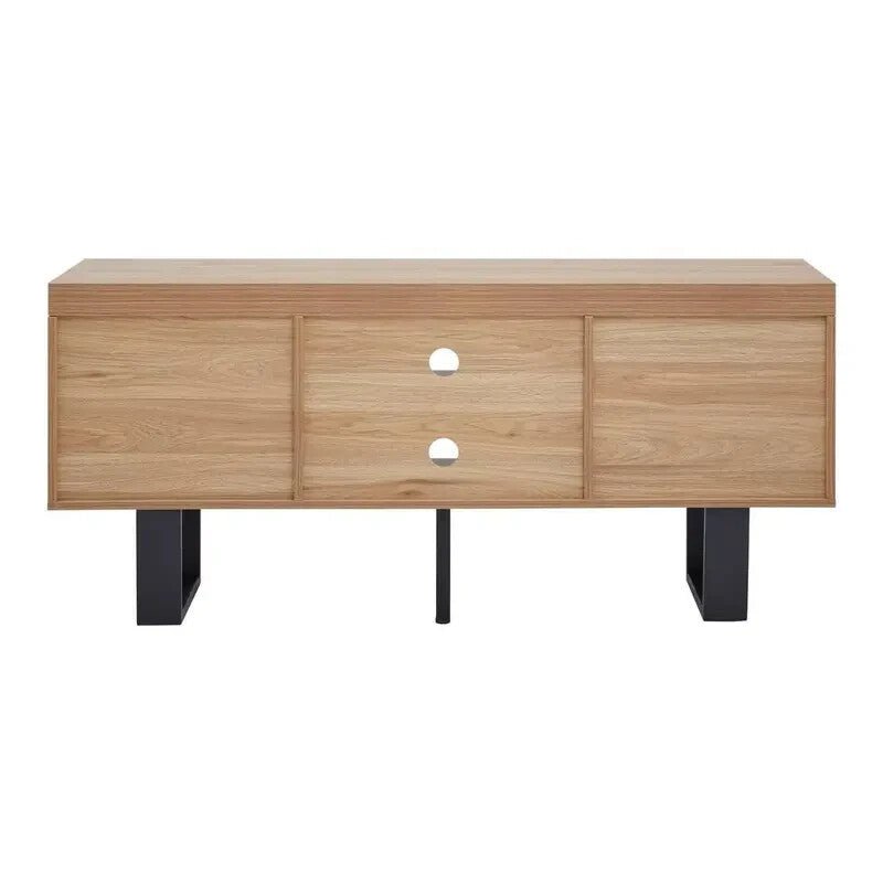 Modern Oak TV Stand Cabinet with Storage Shelves & Black Metal Legs - Kwikley