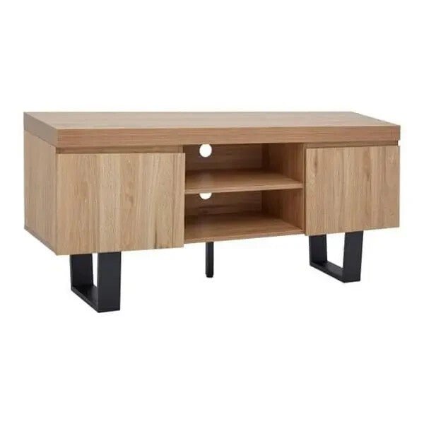 Modern Oak TV Stand Cabinet with Storage Shelves & Black Metal Legs - Kwikley