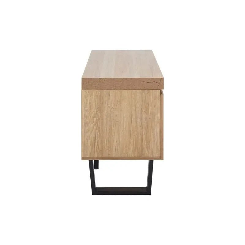 Modern Oak TV Stand Cabinet with Storage Shelves & Black Metal Legs - Kwikley