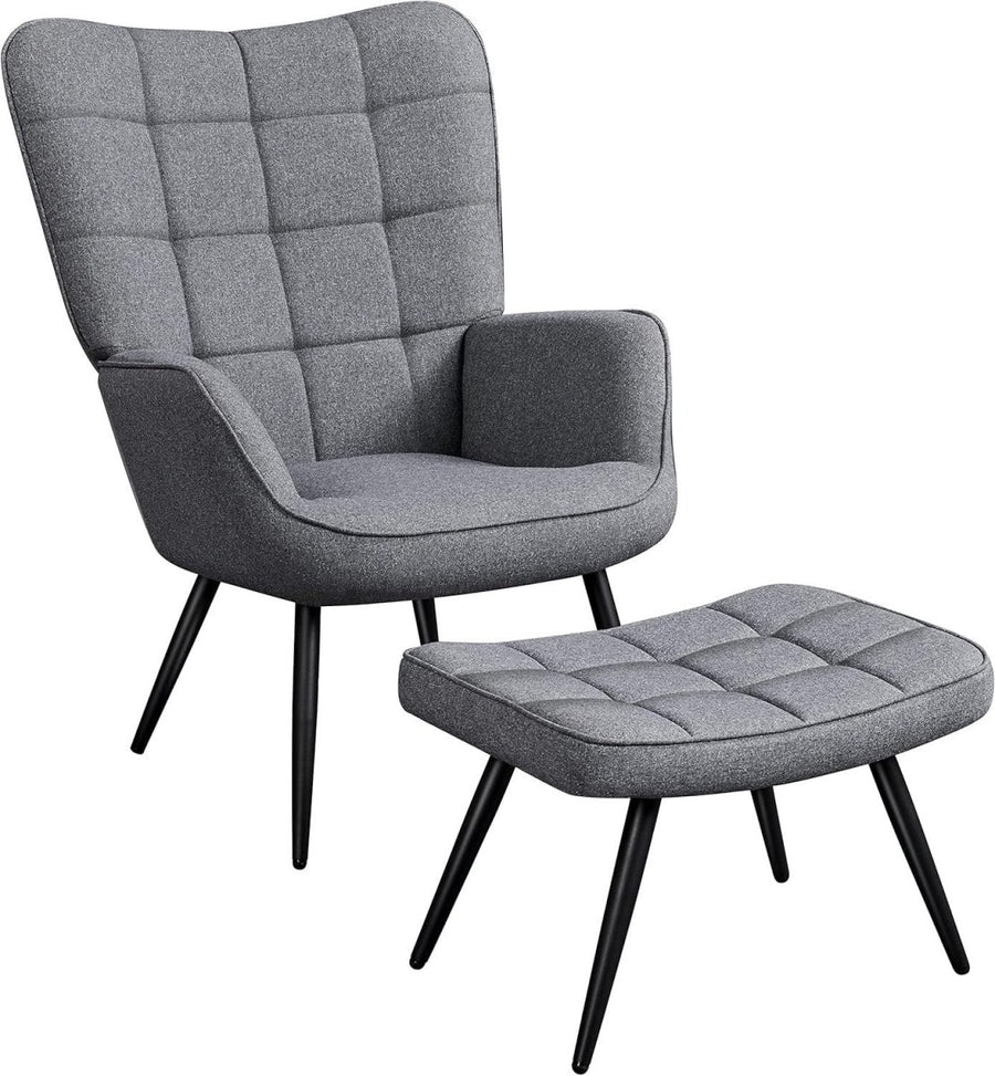 Modern Oversized Gray Linen Accent Chair with Ottoman - High Back Living Room - Kwikley