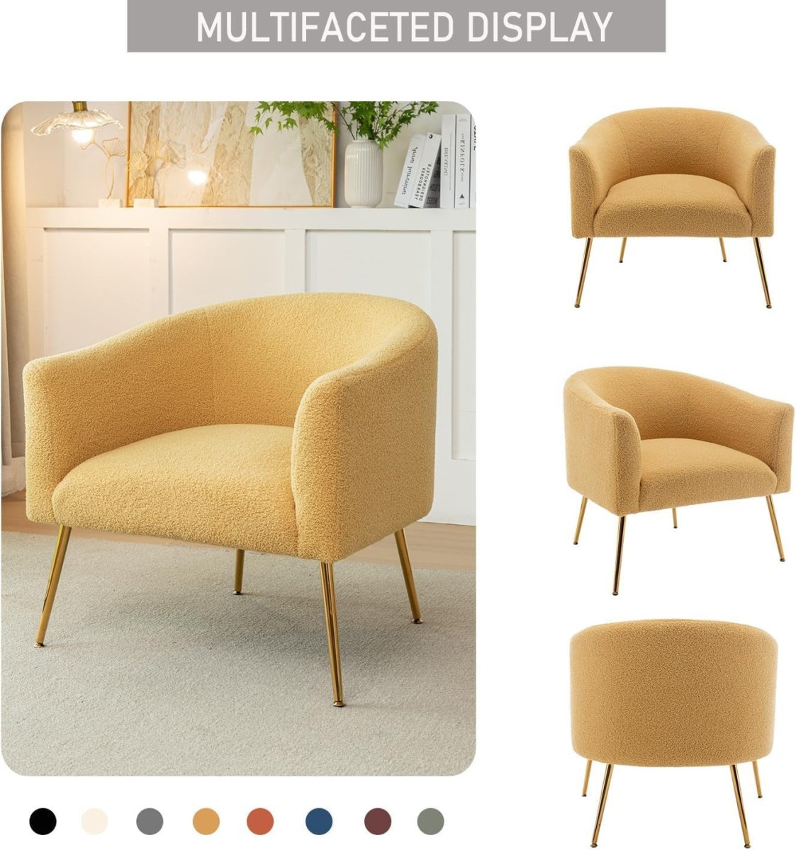 Modern Sherpa Accent Chair Mustard Bouclé Upholstered Cozy Barrel Seat - Kwikley