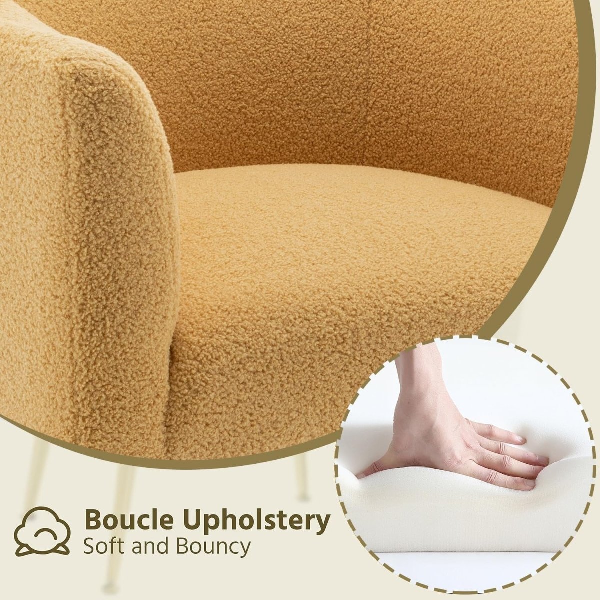 Modern Sherpa Accent Chair Mustard Bouclé Upholstered Cozy Barrel Seat - Kwikley