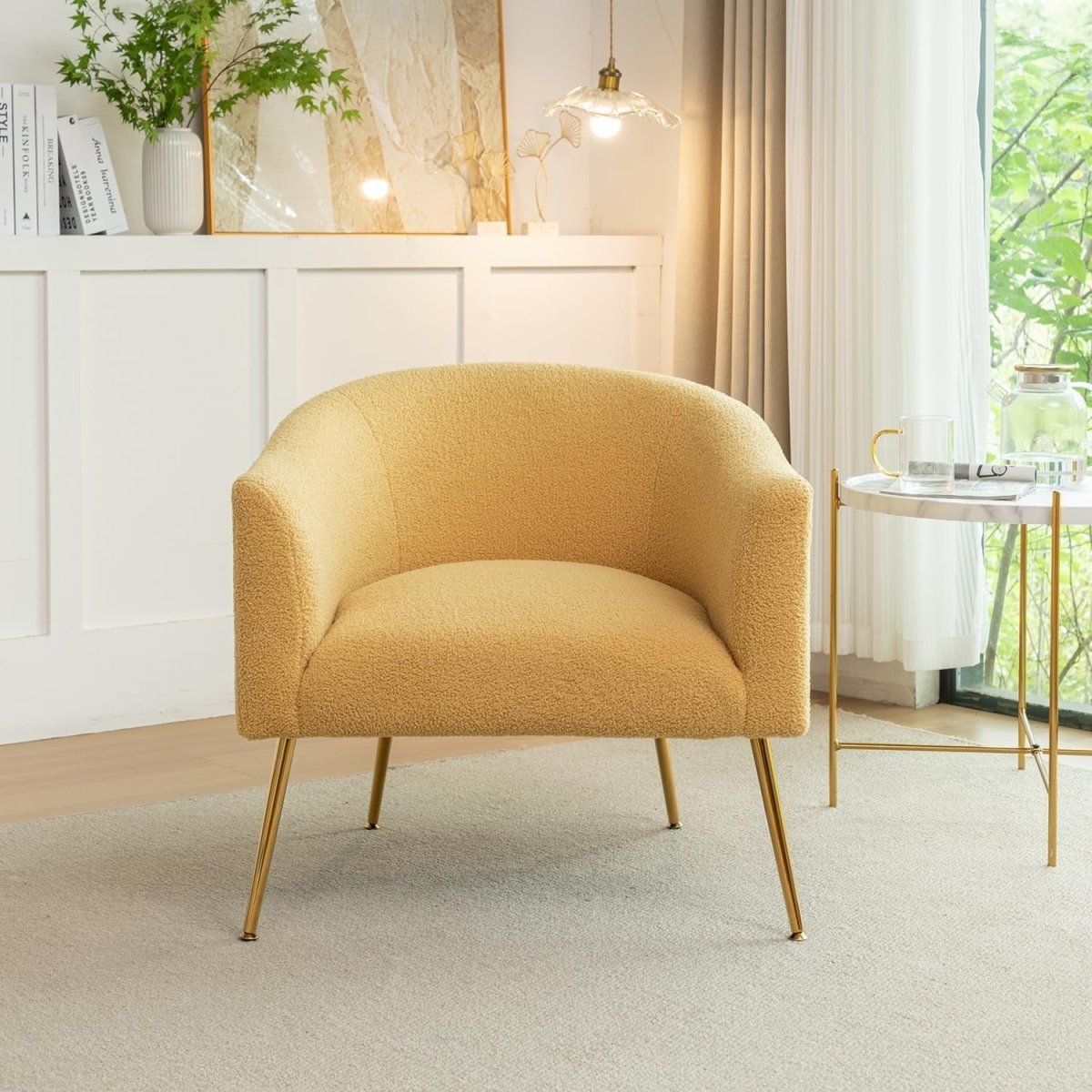 Modern Sherpa Accent Chair Mustard Bouclé Upholstered Cozy Barrel Seat - Kwikley