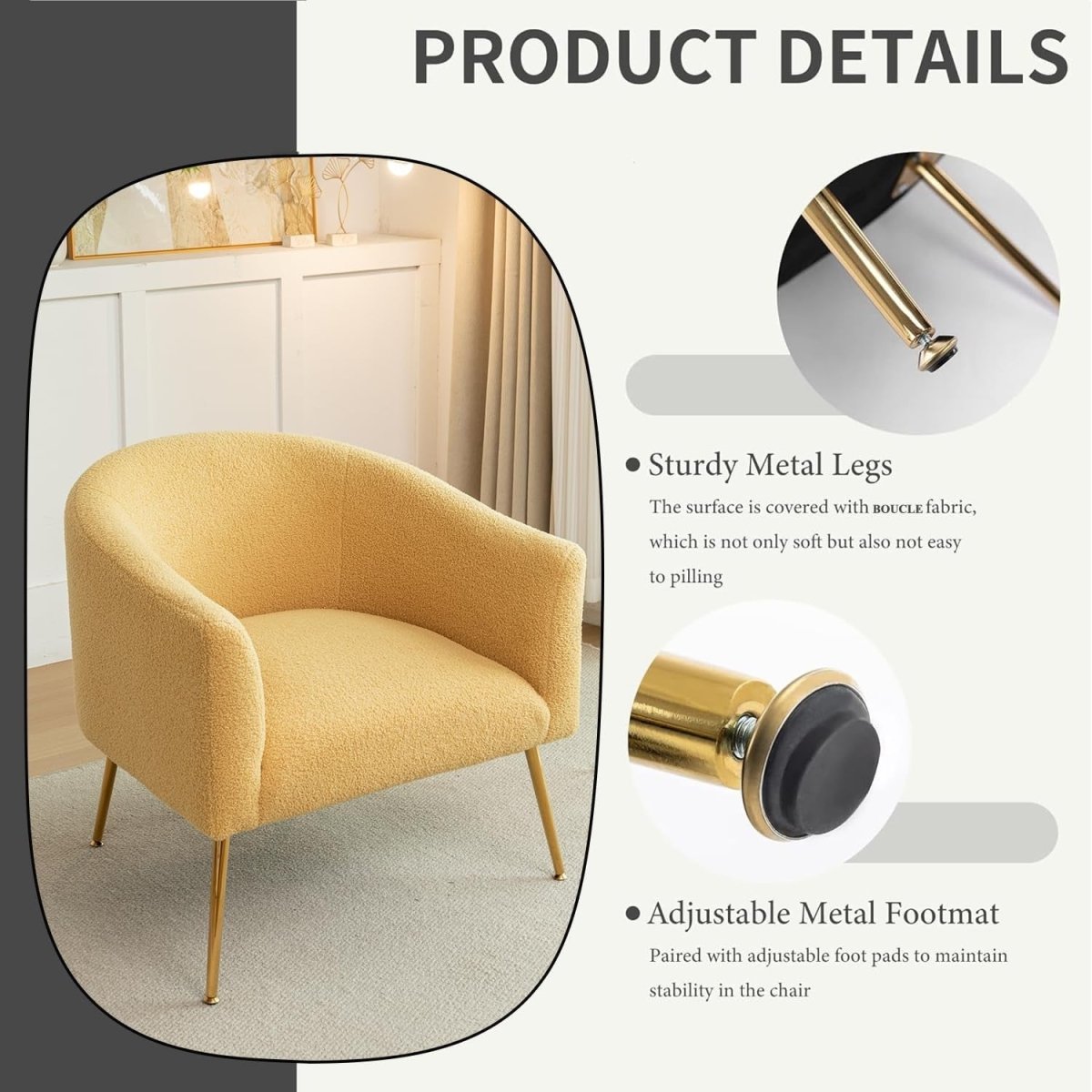 Modern Sherpa Accent Chair Mustard Bouclé Upholstered Cozy Barrel Seat - Kwikley