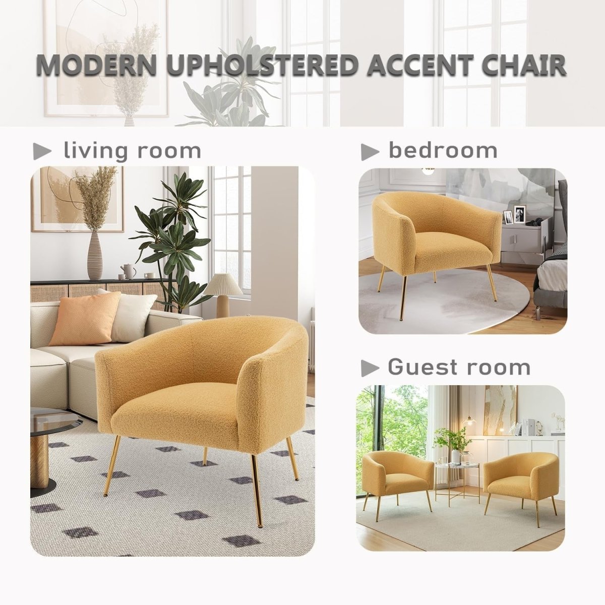 Modern Sherpa Accent Chair Mustard Bouclé Upholstered Cozy Barrel Seat - Kwikley
