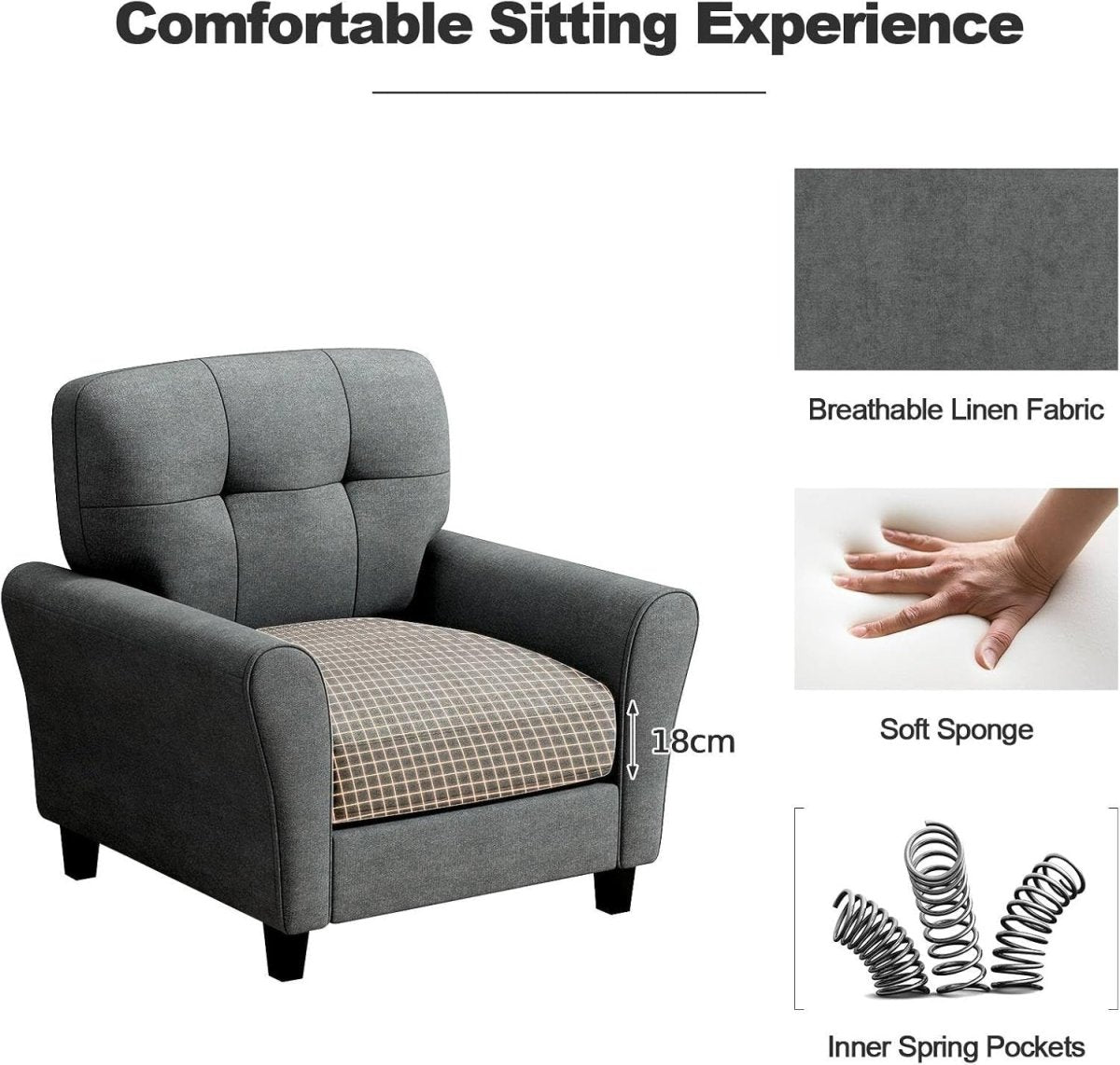 Modern Tufted Accent Chair Grey Lounge Sofa with Removable Cushions - Kwikley