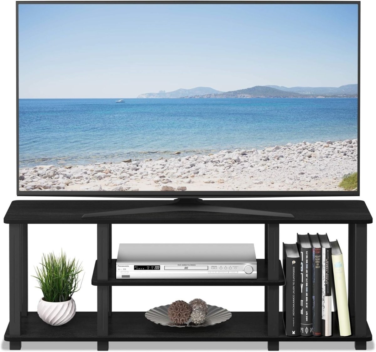Modern TV Stand 3 Tier Black/Wood for 50” | No Tool Assembly Shelving - Kwikley
