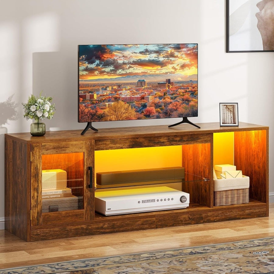 Modern TV Stand Cabinet with 7 RGB LED Lights, Adjustable Glass Shelves, 65" - Kwikley