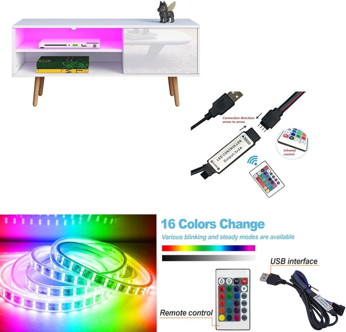 Modern TV Stand with LED Lights, Storage Cabinet & 2 Shelves for 40” TVs - Kwikley