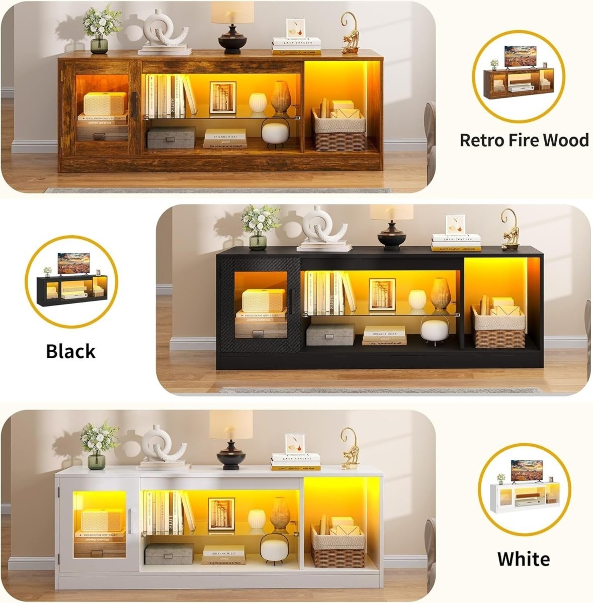 Modern TV Stand with RGB LED Lights, Adjustable Glass Shelves, Fits 65” TVs - Kwikley