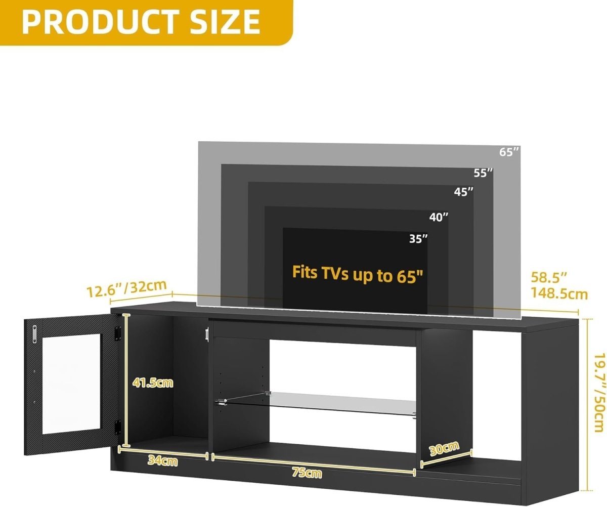 Modern TV Stand with RGB LED Lights, Adjustable Glass Shelves, Fits 65” TVs - Kwikley