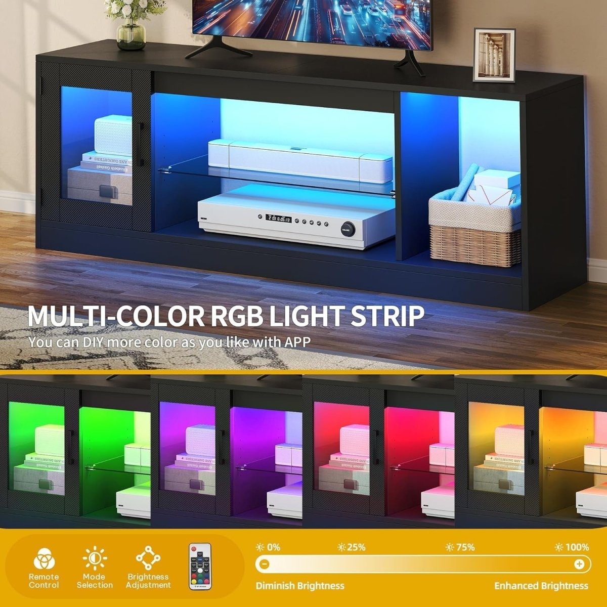 Modern TV Stand with RGB LED Lights, Adjustable Glass Shelves, Fits 65” TVs - Kwikley
