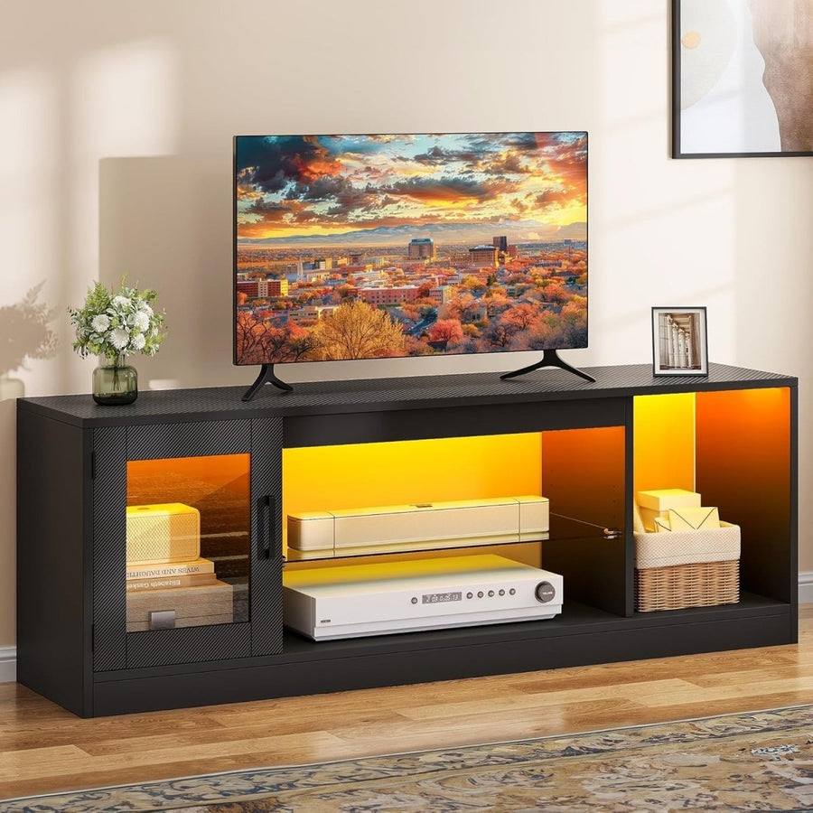 Modern TV Stand with RGB LED Lights, Adjustable Glass Shelves, Fits 65” TVs - Kwikley