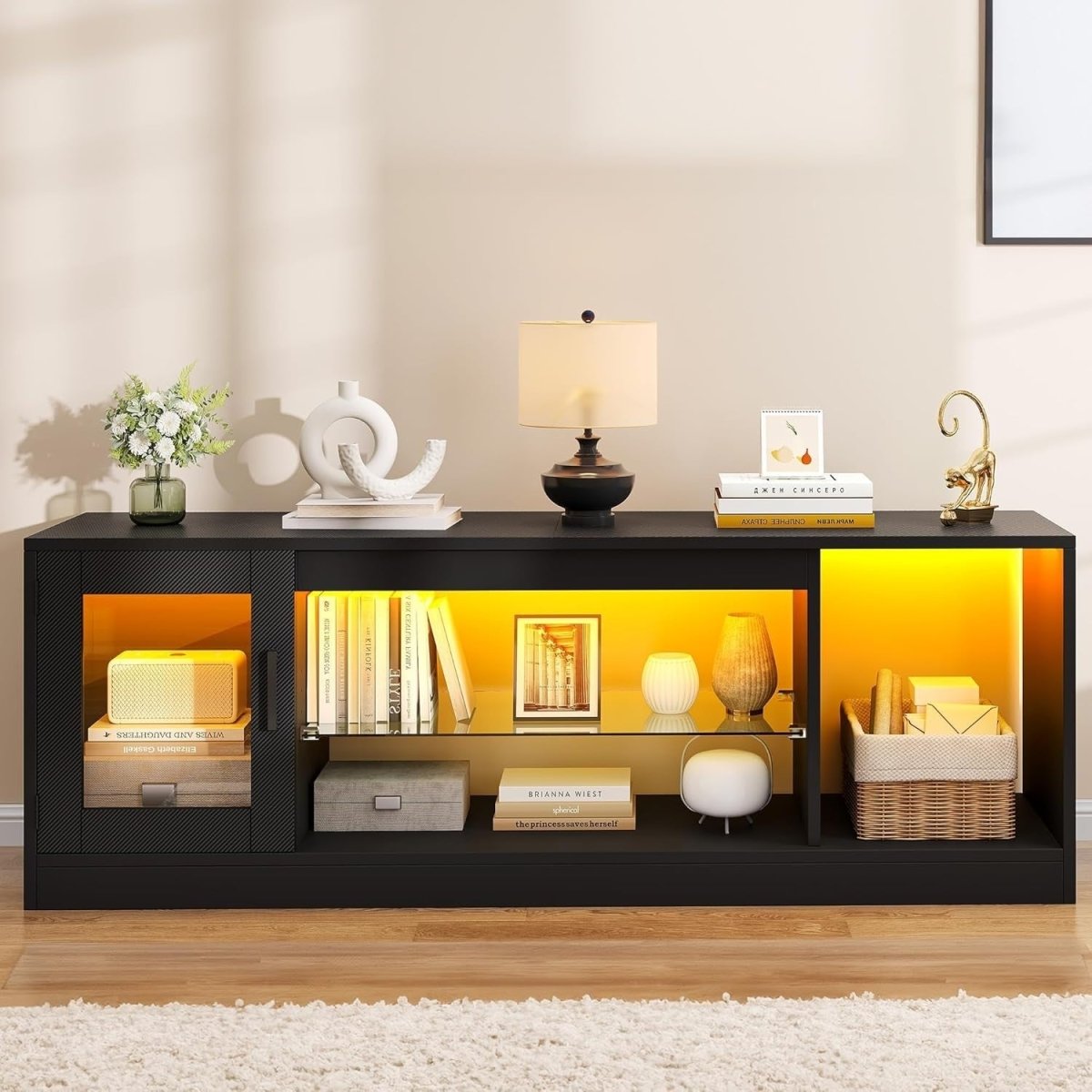 Modern TV Stand with RGB LED Lights, Adjustable Glass Shelves, Fits 65” TVs - Kwikley
