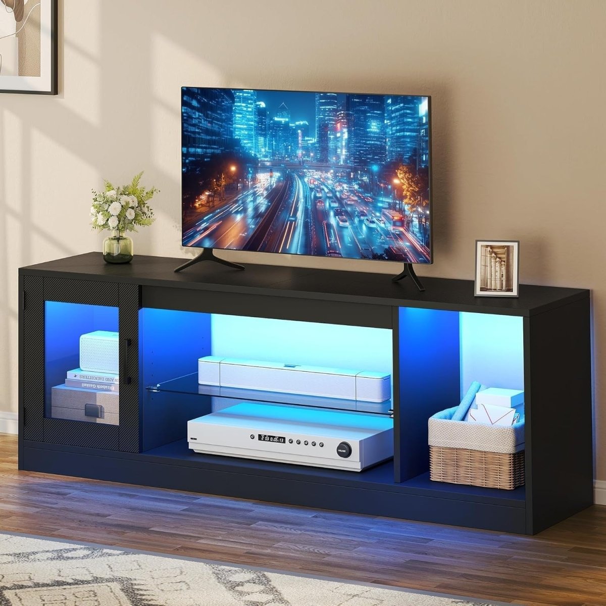 Modern TV Stand with RGB LED Lights, Adjustable Glass Shelves, Fits 65” TVs - Kwikley