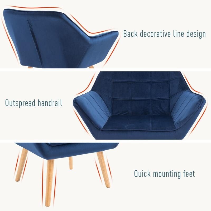 Modern Velvet Accent Chair Blue – Wide Arm Slanted Back Lounge Seat - Kwikley