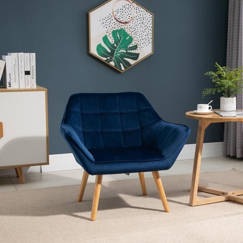Modern Velvet Accent Chair Blue – Wide Arm Slanted Back Lounge Seat - Kwikley