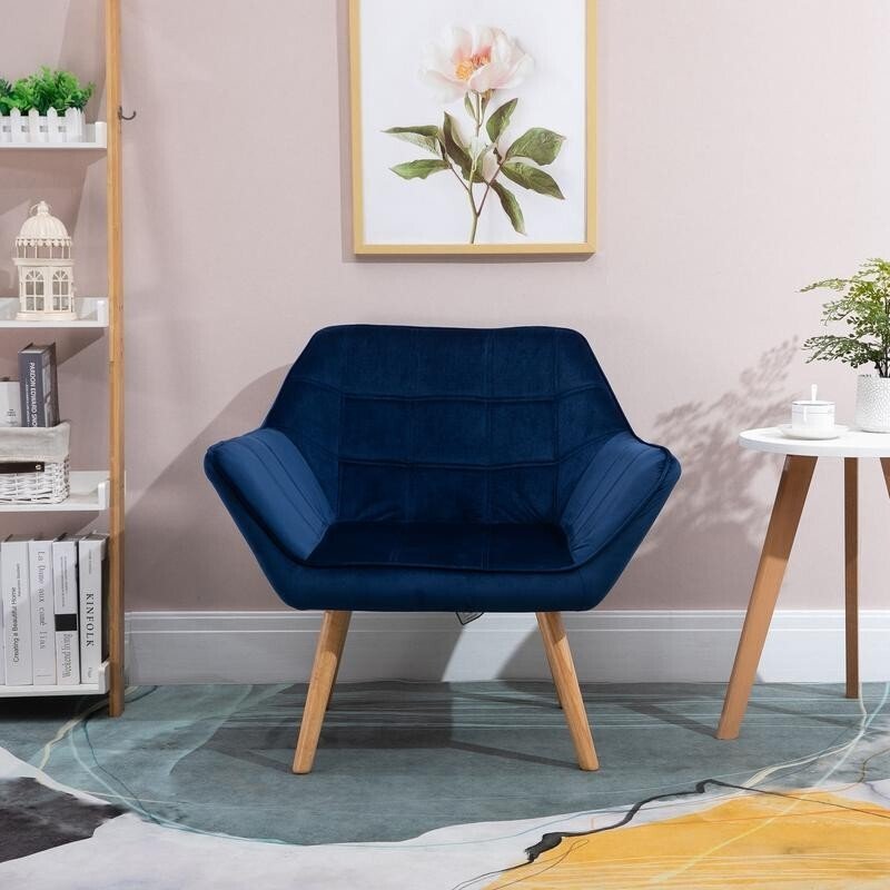 Modern Velvet Accent Chair Blue – Wide Arm Slanted Back Lounge Seat - Kwikley