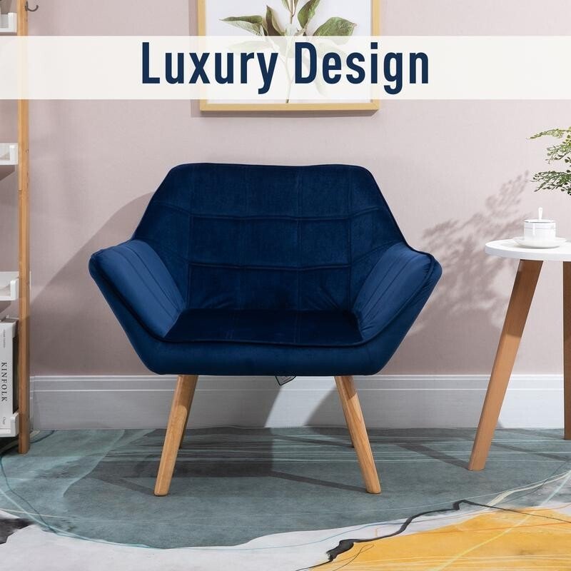 Modern Velvet Accent Chair Blue – Wide Arm Slanted Back Lounge Seat - Kwikley