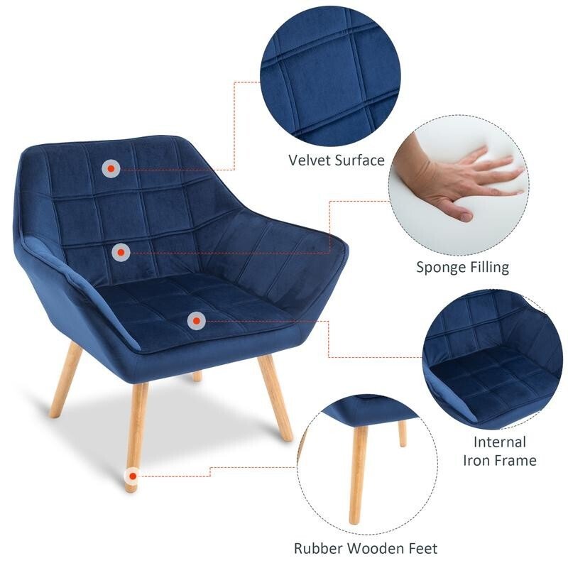 Modern Velvet Accent Chair Blue – Wide Arm Slanted Back Lounge Seat - Kwikley