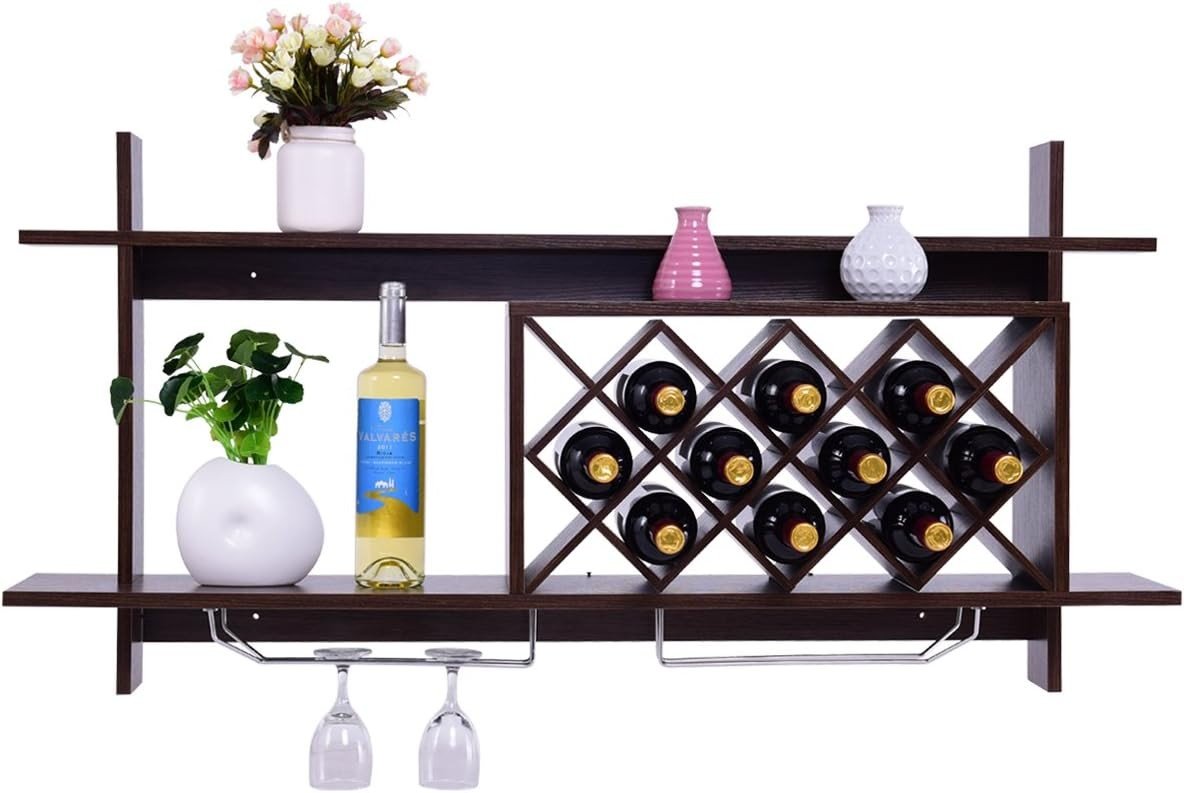 Modern Wall Mounted Wine Rack with Glass Holder & 10 Bottle Storage Shelf - Kwikley