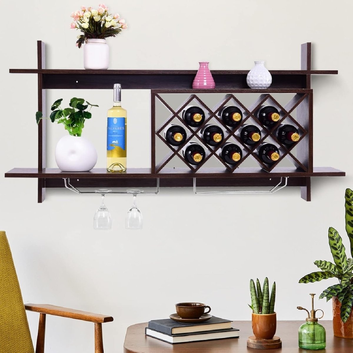 Modern Wall Mounted Wine Rack with Glass Holder & 10 Bottle Storage Shelf - Kwikley