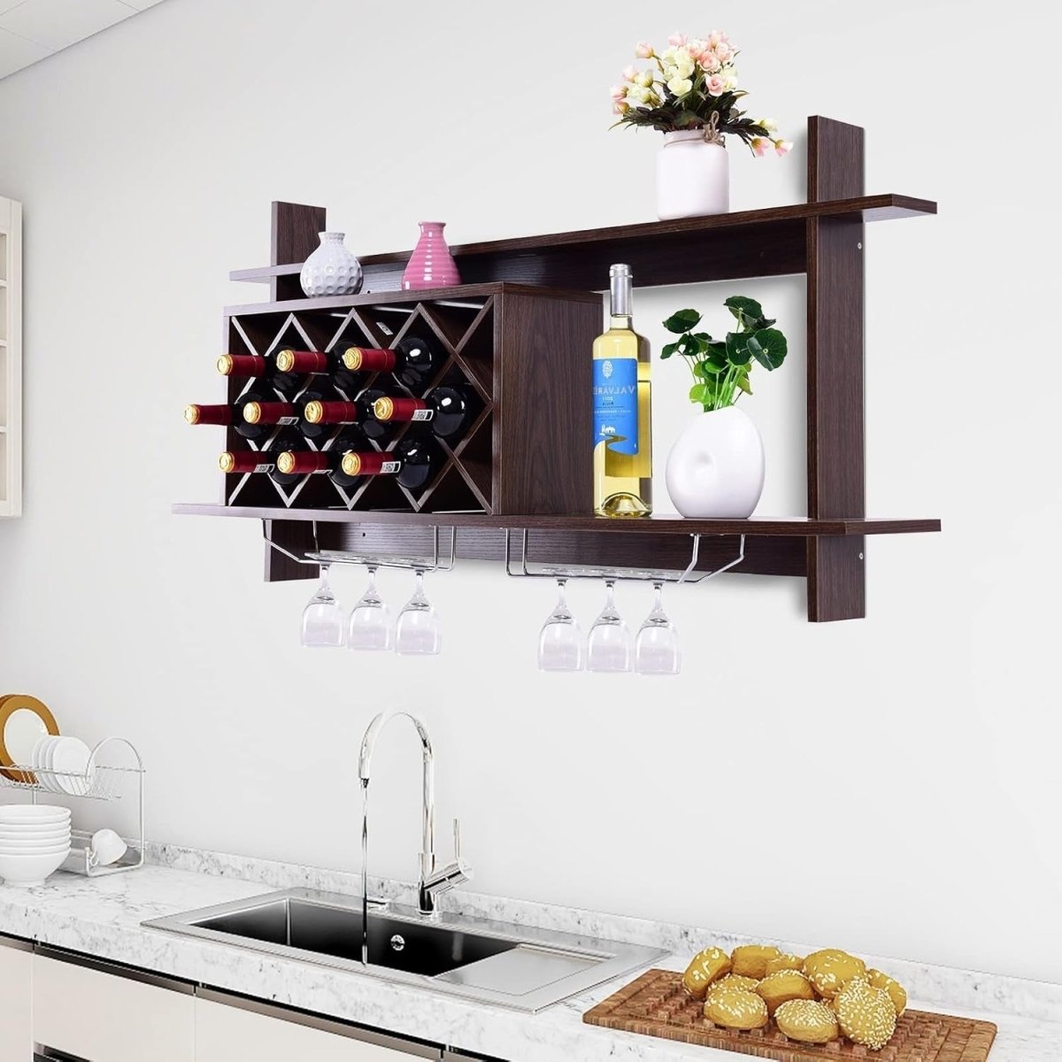 Modern Wall Mounted Wine Rack with Glass Holder & 10 Bottle Storage Shelf - Kwikley
