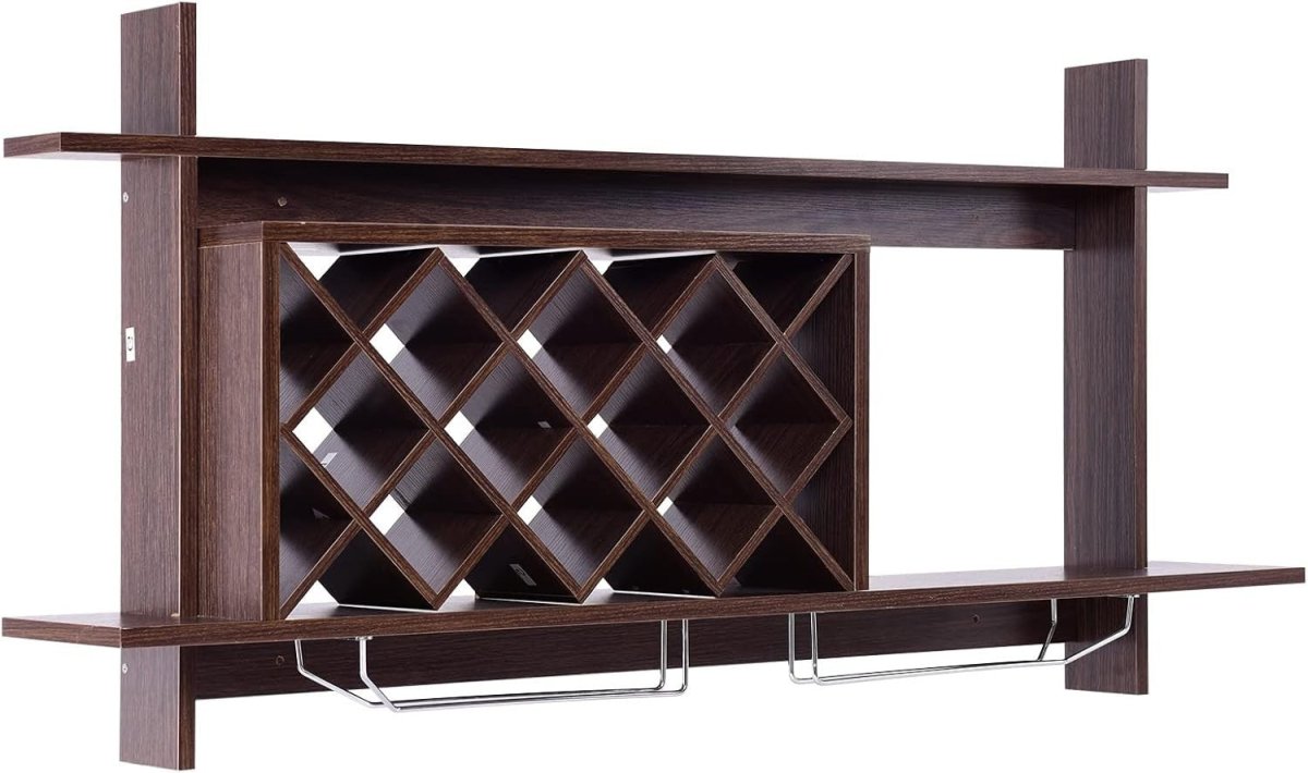 Modern Wall Mounted Wine Rack with Glass Holder & 10 Bottle Storage Shelf - Kwikley