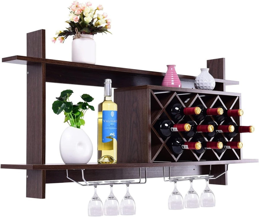 Modern Wall Mounted Wine Rack with Glass Holder & 10 Bottle Storage Shelf - Kwikley