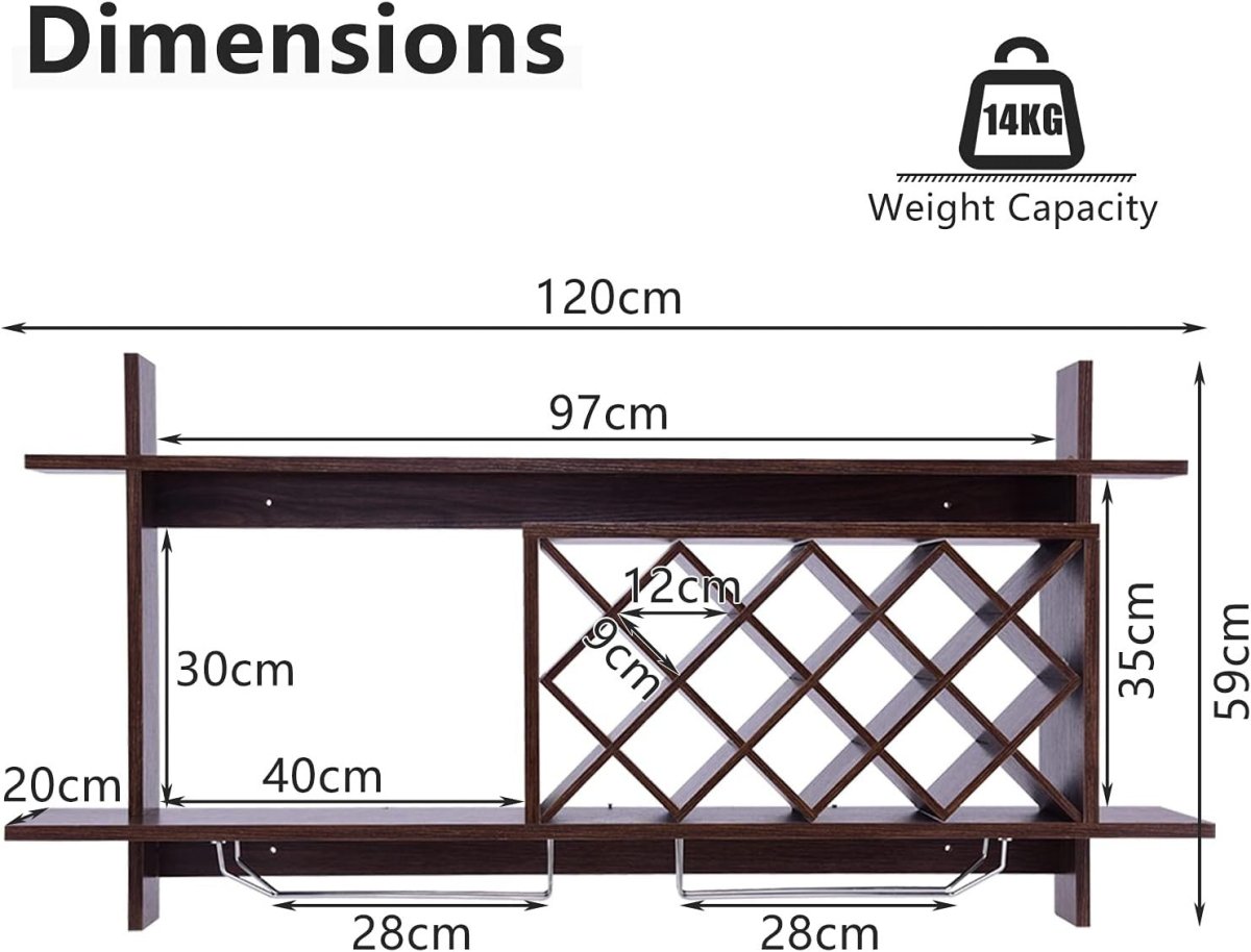 Modern Wall Mounted Wine Rack with Glass Holder & 10 Bottle Storage Shelf - Kwikley