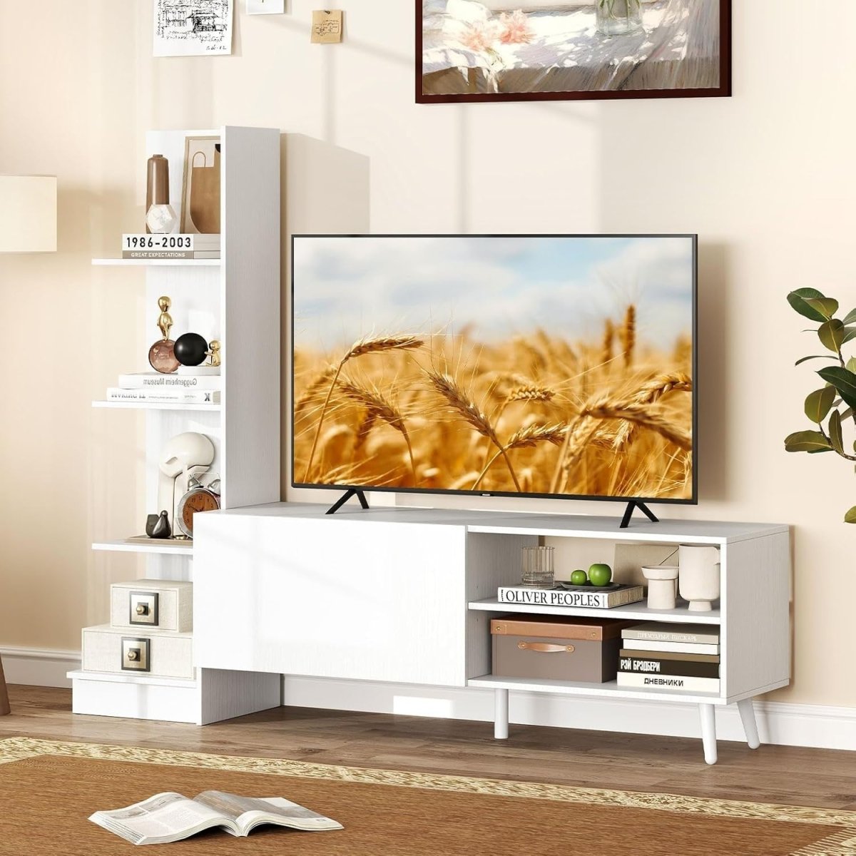 Modern White TV Stand for 50" TVs | Adjustable Shelf, Bookshelf & Storage - Kwikley