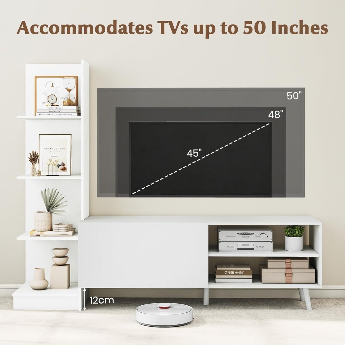 Modern White TV Stand for 50" TVs | Adjustable Shelf, Bookshelf & Storage - Kwikley