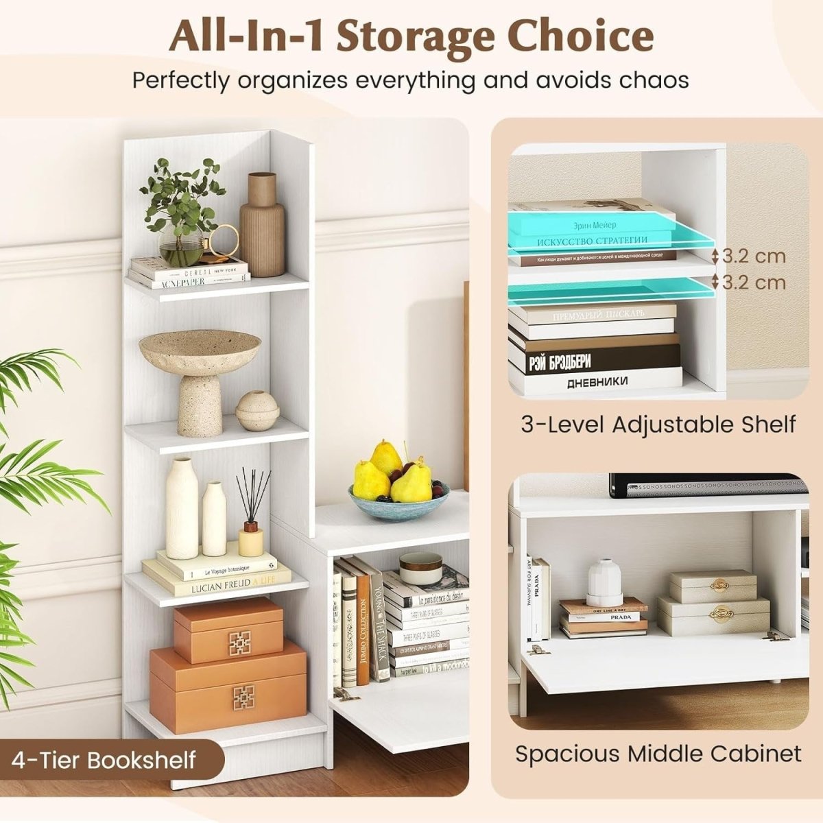 Modern White TV Stand for 50" TVs | Adjustable Shelf, Bookshelf & Storage - Kwikley