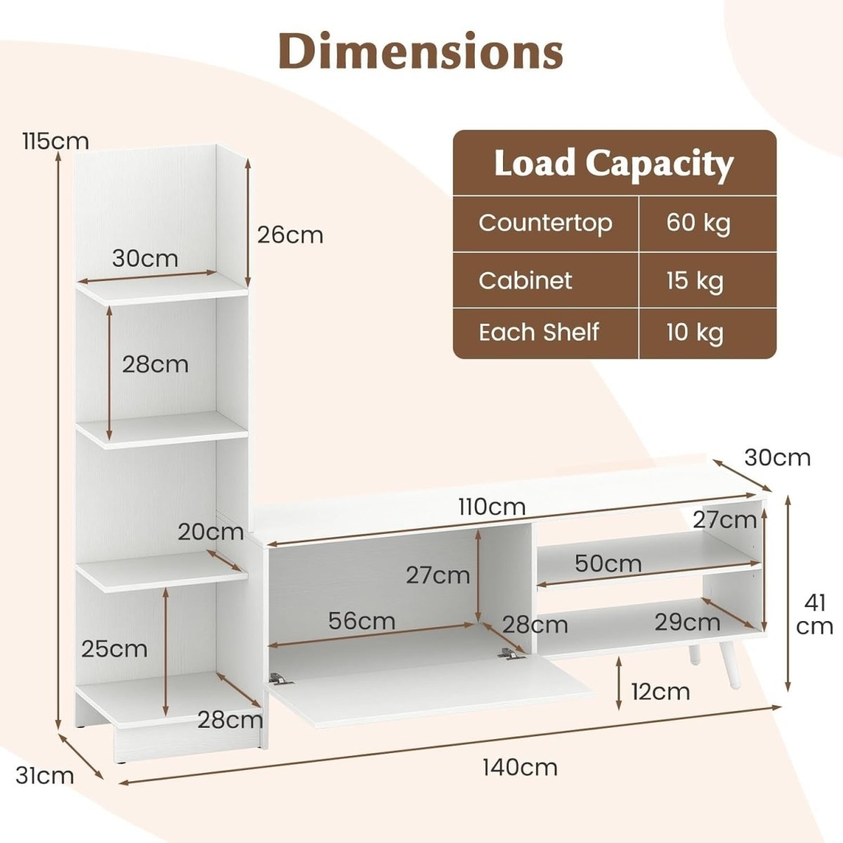 Modern White TV Stand for 50" TVs | Adjustable Shelf, Bookshelf & Storage - Kwikley
