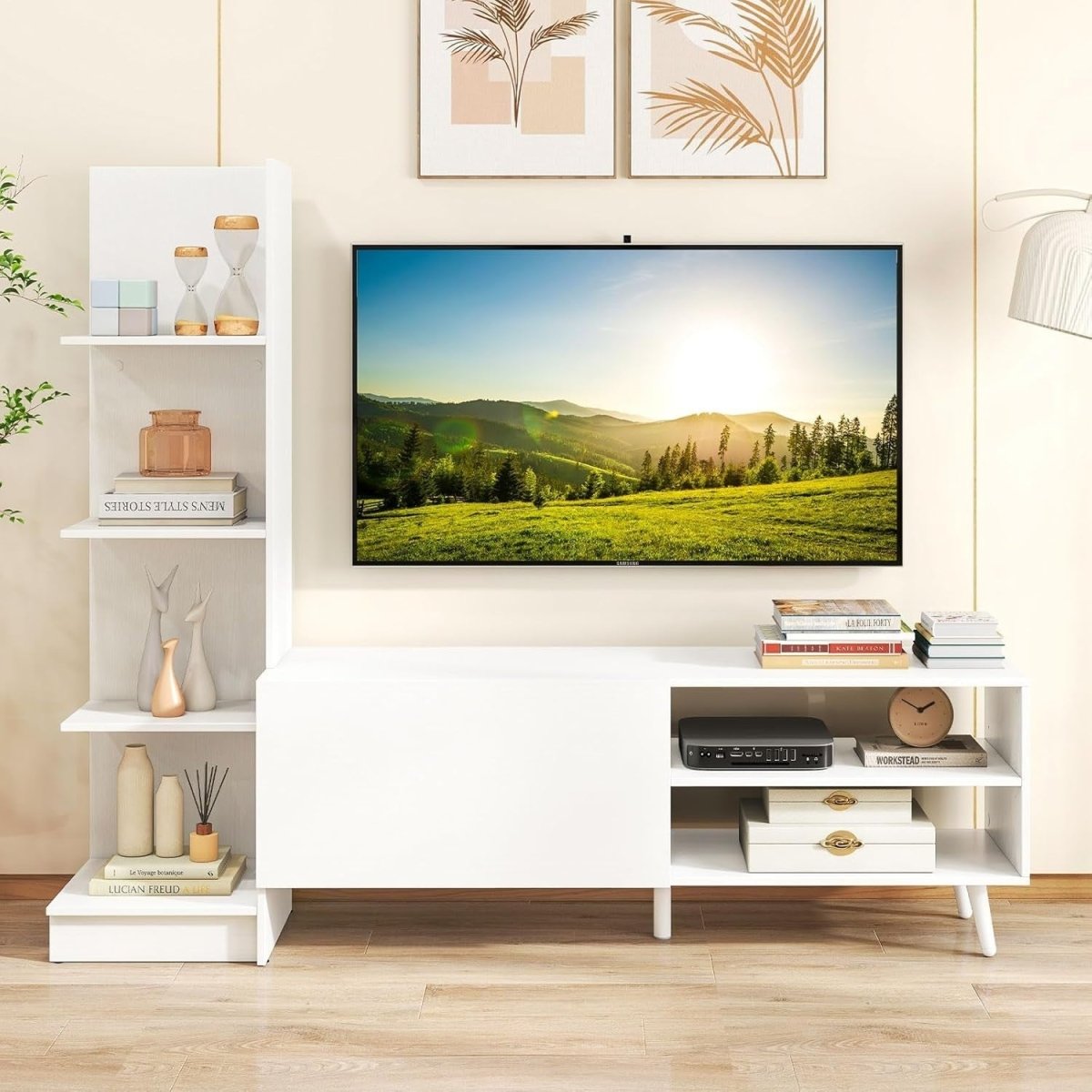 Modern White TV Stand for 50" TVs | Adjustable Shelf, Bookshelf & Storage - Kwikley