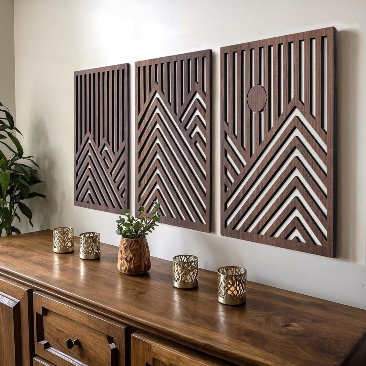 Modern Wooden Wall Art Set of 3 Large Mountain Sun Sculptures - Kwikley