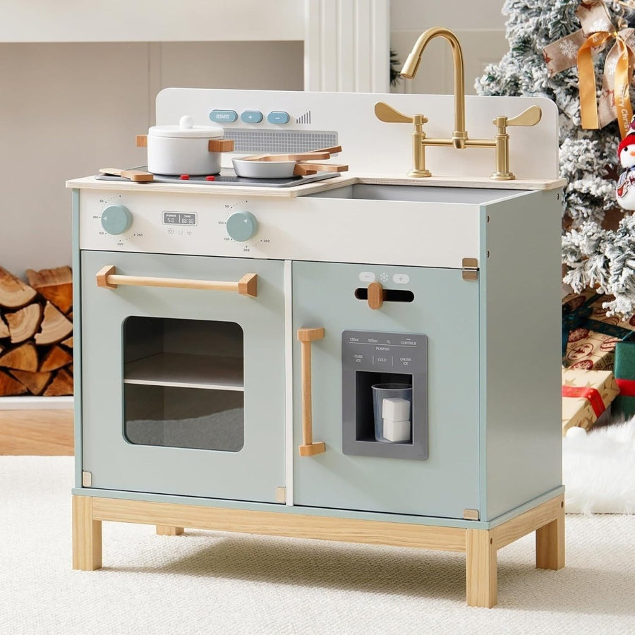 Montessori Wooden Kids Play Kitchen w/ Lights Sounds Ice Blue - Kwikley