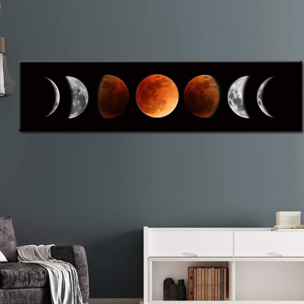 Moon Phase Modern Abstract Canvas Wall Art Black Tawny 47x12in - Kwikley