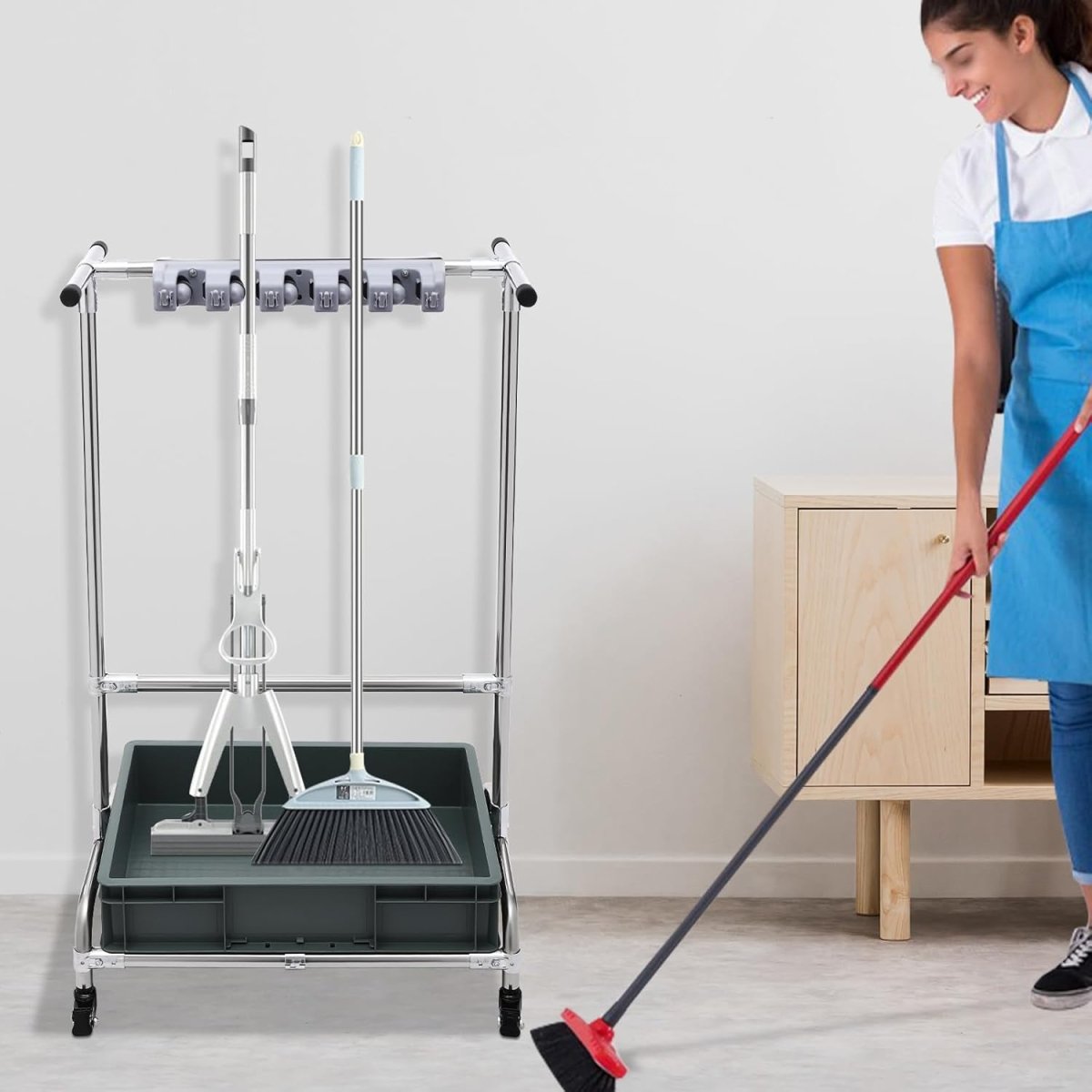 Mop Holder Rack with Wheels 10 Slots 12 Hooks Cleaning Trolley - Kwikley