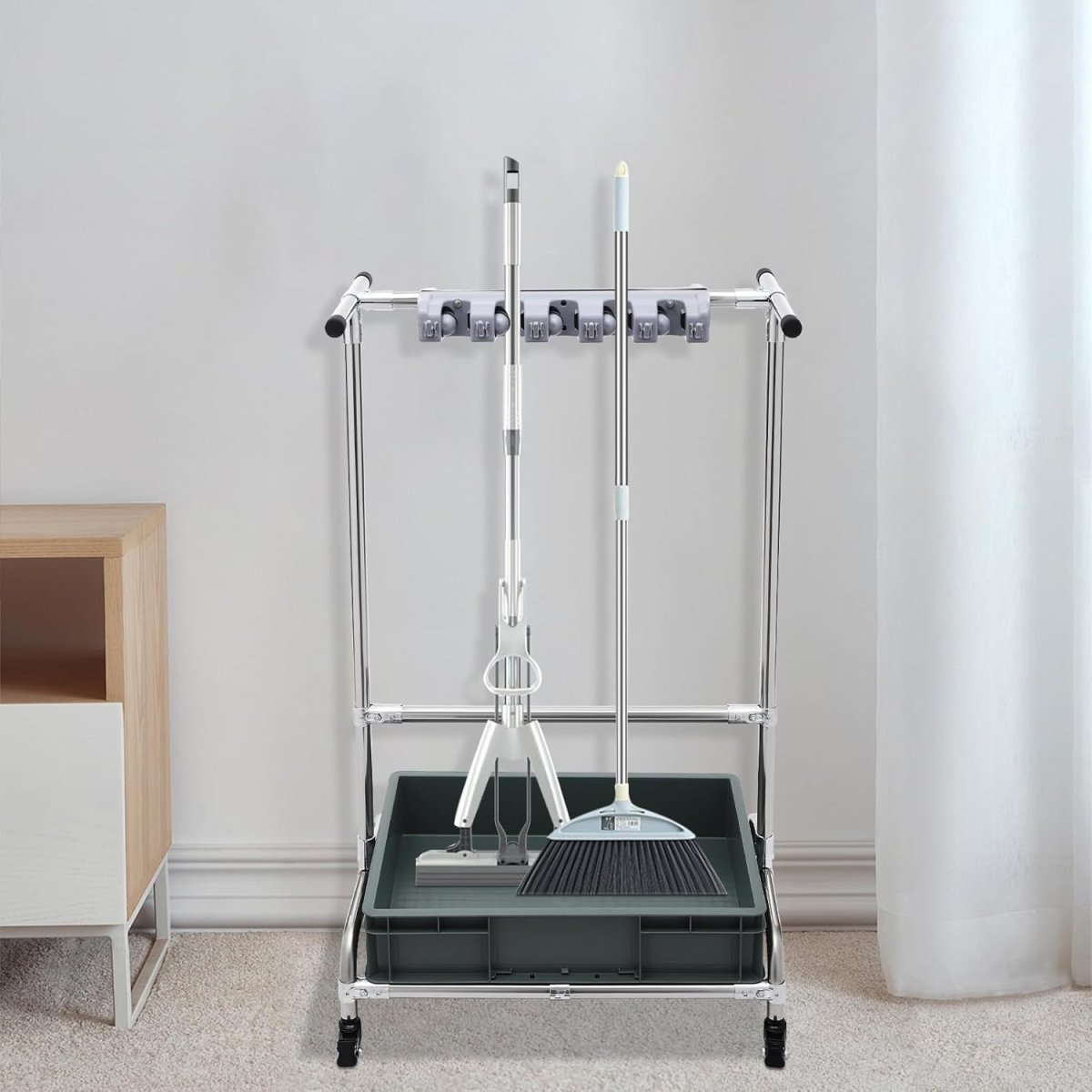 Mop Holder Rack with Wheels 10 Slots 12 Hooks Cleaning Trolley - Kwikley