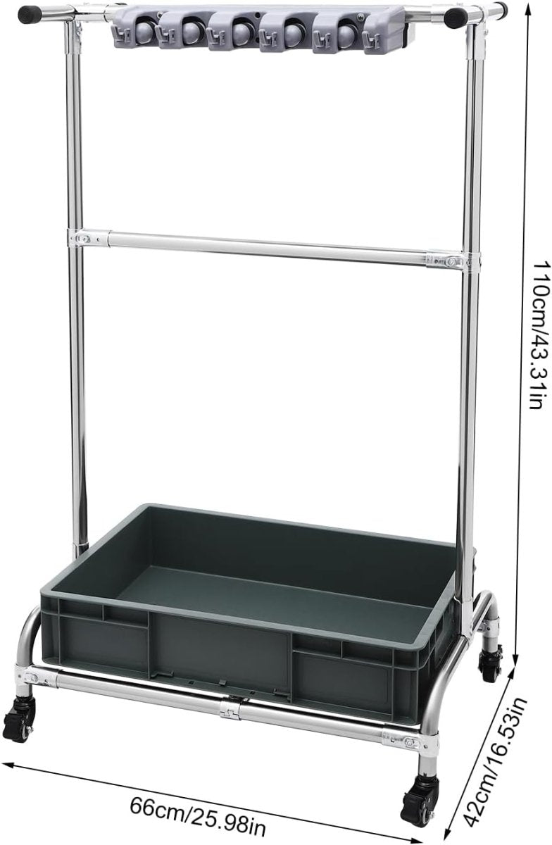 Mop Holder Rack with Wheels 12 Hooks Mobile Cleaning Trolley - Kwikley