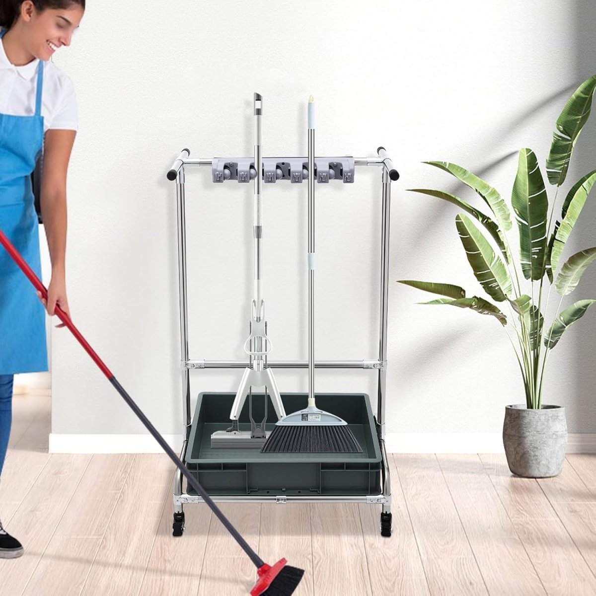 Mop Holder Rack with Wheels 12 Hooks Mobile Cleaning Trolley - Kwikley