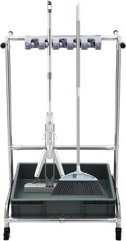 Mop Holder Rack with Wheels 12 Hooks Mobile Cleaning Trolley - Kwikley